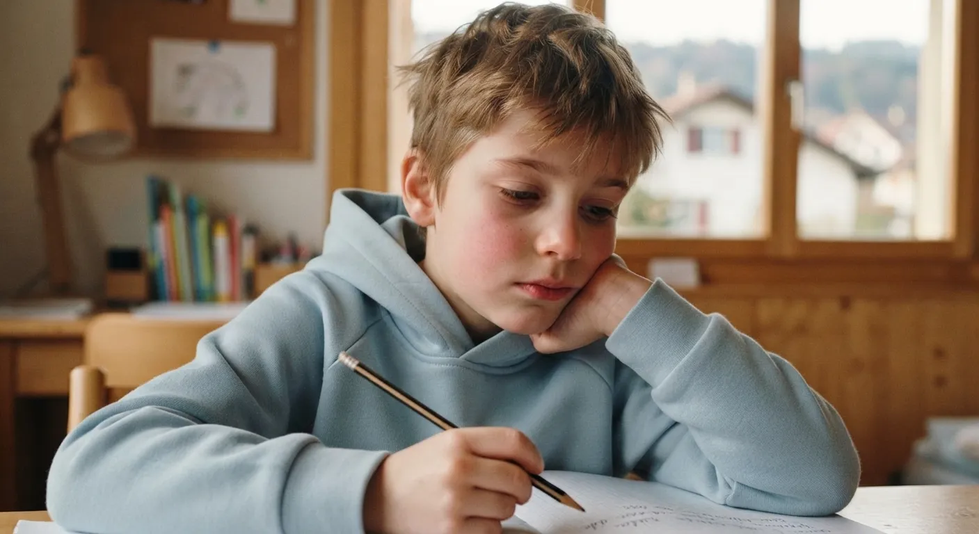 Erschöpftes Kind bei Hausaufgaben – Burnout-Anzeichen bei Kindern im Kanton Bern erkennen