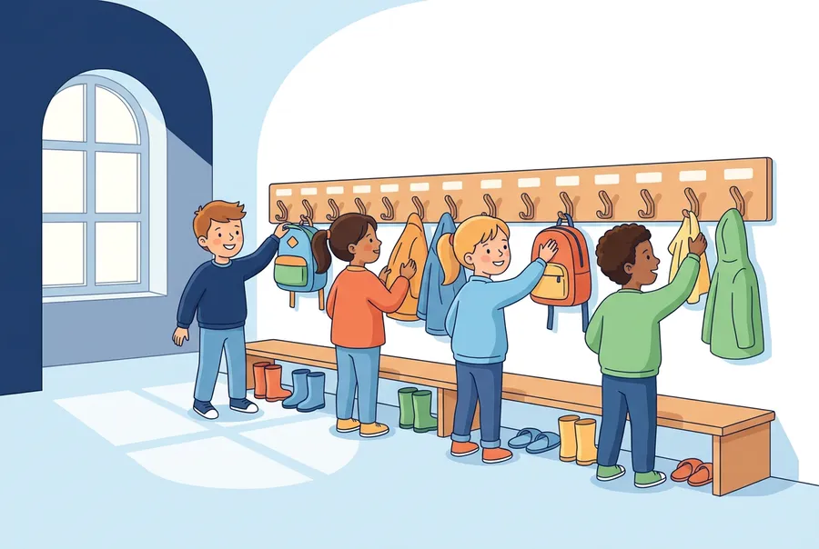 Kinder hängen im Gang eines Schulhauses ihre Jacken an eine lange Reihe von Garderobenhaken.