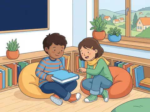 ABC und Nachschlagen im Wörterbuch: Zwei Kinder sitzen in der Leseecke des Schulzimmers. Eines hält ein dickes Buch, das andere zeigt neugierig darauf.