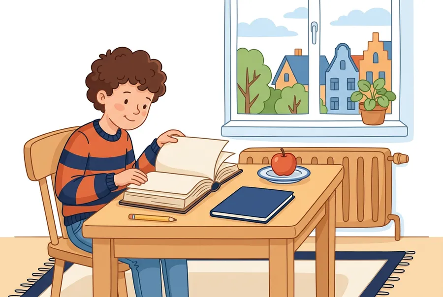 Ein Junge sitzt am Küchentisch und blättert in einem dicken Buch, daneben liegen ein Heft und ein Stift.