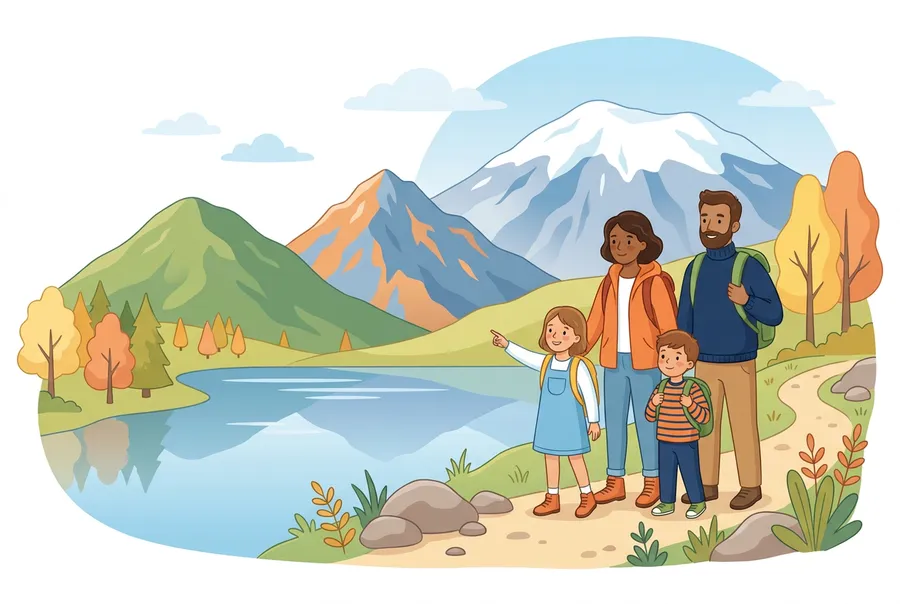 Eine Familie steht auf einem Wanderweg und schaut auf drei Berge, die verschieden hoch sind.