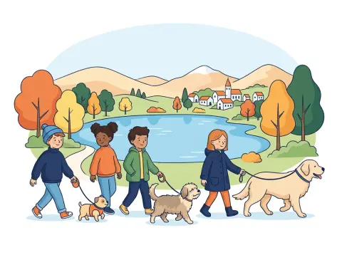 Adjektive und ihre Steigerung: Vier Kinder gehen am See mit drei Hunden spazieren: einem kleinen, einem mittleren und einem grossen Hund.