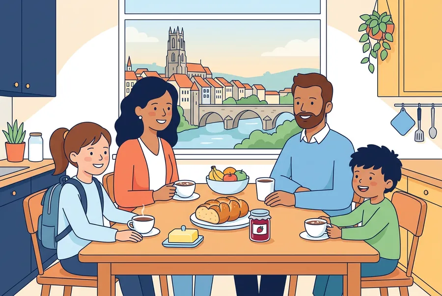Ein Mädchen sitzt mit seiner Gastfamilie am Frühstückstisch in einer gemütlichen Küche, durchs Fenster sieht man die Altstadt von Fribourg.