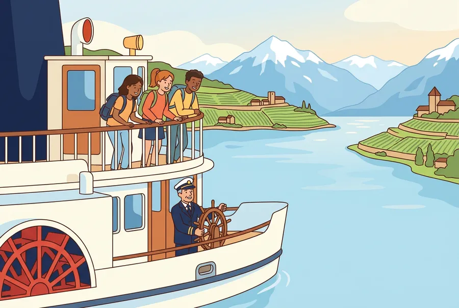 Ein weisses Dampfschiff fährt langsam über den ruhigen Genfersee, der Kapitän steuert aufmerksam, Jugendliche schauen vom Deck aufs Wasser.