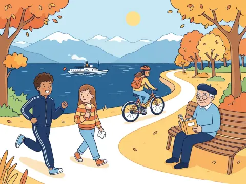 Adverbien auf -ment: Am Seeufer in Lausanne: Ein Junge joggt schnell, ein Mädchen geht langsam mit einem Glace, ein älterer Mann liest ruhig auf einer Bank.
