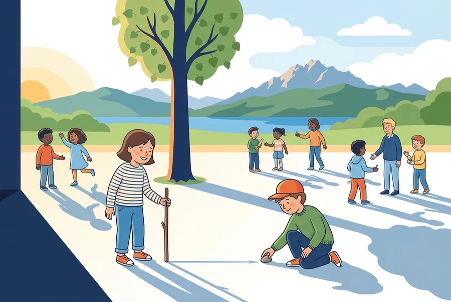 Zwei Jugendliche messen auf dem Pausenplatz den Schatten eines Stabs, daneben wirft eine grosse Linde einen langen Schatten.