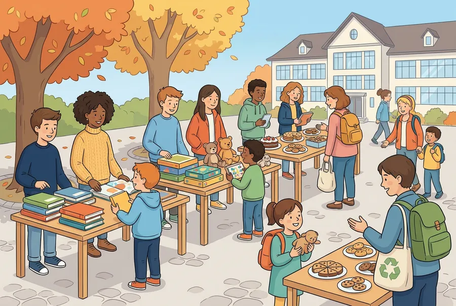 Jugendliche verkaufen auf einem Schulhausplatz an Holztischen alte Spielsachen, Bücher und selbst gebackene Kuchen, Eltern und Kinder schauen sich um.