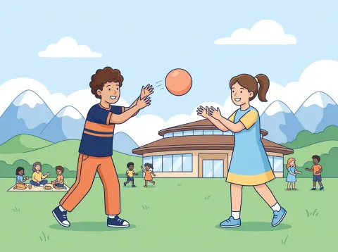 Aktiv und Passiv: Ein Junge wirft auf einer Wiese einen Ball, ein Mädchen fängt ihn, im Hintergrund ein Schulhaus.