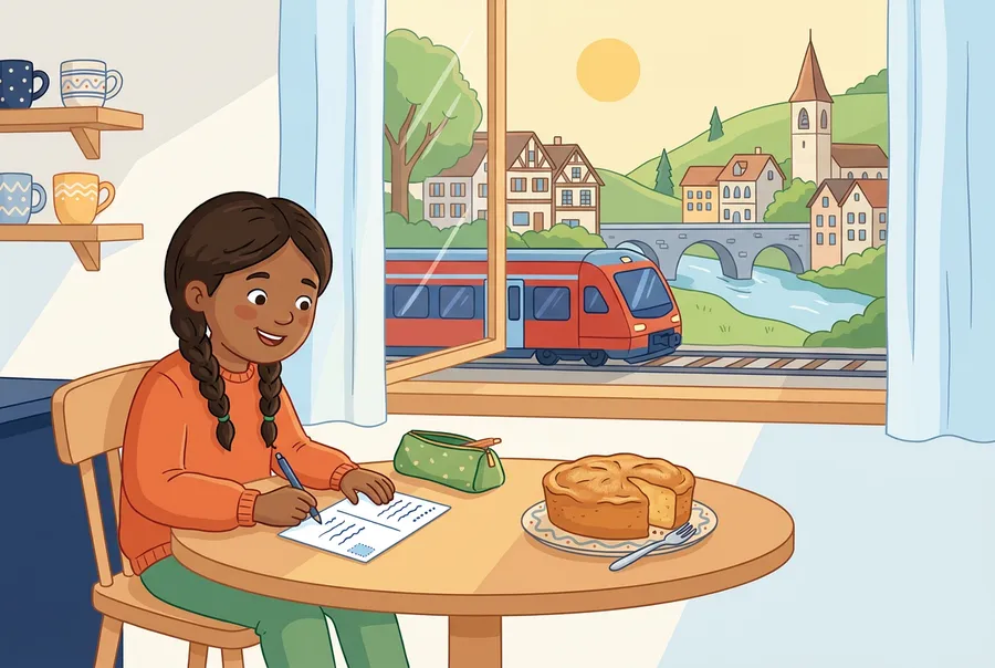 Ein Mädchen schreibt am Küchentisch eine Postkarte, neben ihr steht ein Kuchen, draussen fährt ein Zug an einer Altstadt vorbei.
