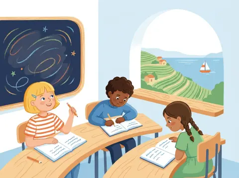 Akzente im Französischen: Drei Kinder schreiben in einem hellen Schulzimmer konzentriert in ihre Hefte, draussen sieht man Rebberge und den Genfersee.