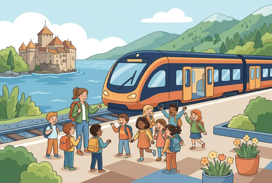 Eine Schulklasse mit Rucksäcken wartet mit ihrer Lehrerin am Bahnsteig neben einem Zug am Genfersee, im Hintergrund ein Schloss im Wasser.