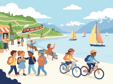 aller konjugieren: Kinder gehen zu Fuss und fahren Velo am Ufer des Genfersees, dahinter Rebberge, ein kleiner Zug und die Alpen.