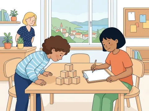 Ansichten und Schrägbilder: Zwei Kinder bauen am Tisch ein kleines Gebäude aus Holzwürfeln. Eines schaut von der Seite, das andere will es gleich auf einem leeren Blatt zeichnen.