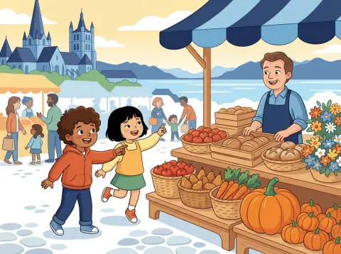 Artikel und Plural: Zwei Kinder zeigen an einem bunten Marktstand in der Altstadt von Lausanne auf Körbe mit Äpfeln, Birnen, Karotten, Broten und Blumen.