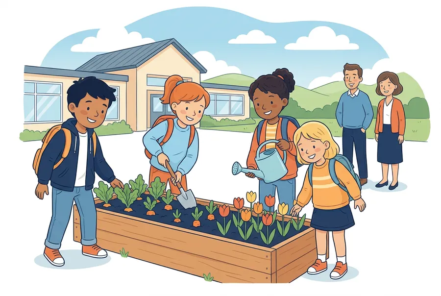 Schülerinnen und Schüler arbeiten im Schulgarten an einem Gemüsebeet und einem Blumenbeet, die direkt nebeneinander liegen.