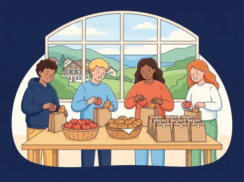 Ausmultiplizieren und Ausklammern: Jugendliche packen an einem langen Tisch im Schulzimmer Znünisäckli, in jedes kommen ein Apfel und ein Brötli.