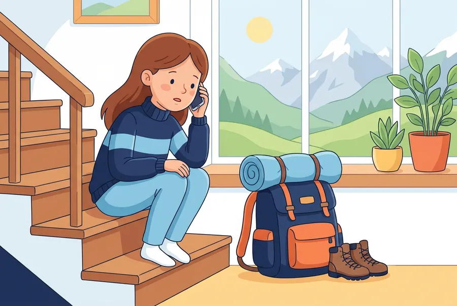 Ein Mädchen sitzt auf der Treppe und telefoniert, neben ihm stehen ein gepackter Rucksack und ein Schlafsack, draussen sieht man hohe Berge.