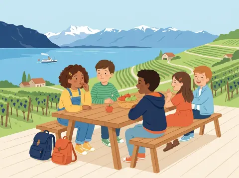 Aussprache und Alphabet: Kinder aus der Deutschschweiz und aus der Romandie reden und lachen an einem Holztisch auf einer Terrasse über dem Genfersee und den Rebbergen.