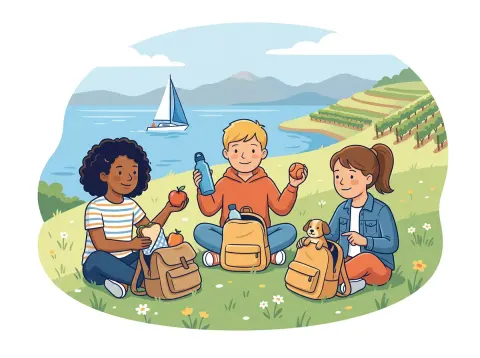 avoir konjugieren: Drei Kinder sitzen am Genfersee auf einer Wiese und zeigen einander, was sie in ihren Rucksäcken haben.