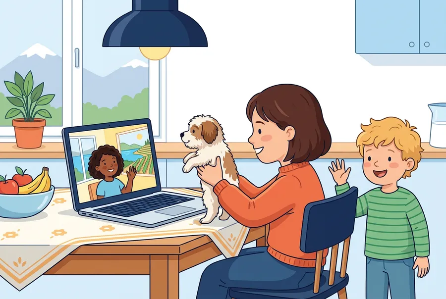 Ein Mädchen hält am Küchentisch einen kleinen Hund vor den Laptop und winkt einem Mädchen im Videoanruf zu, ihr kleiner Bruder winkt mit.