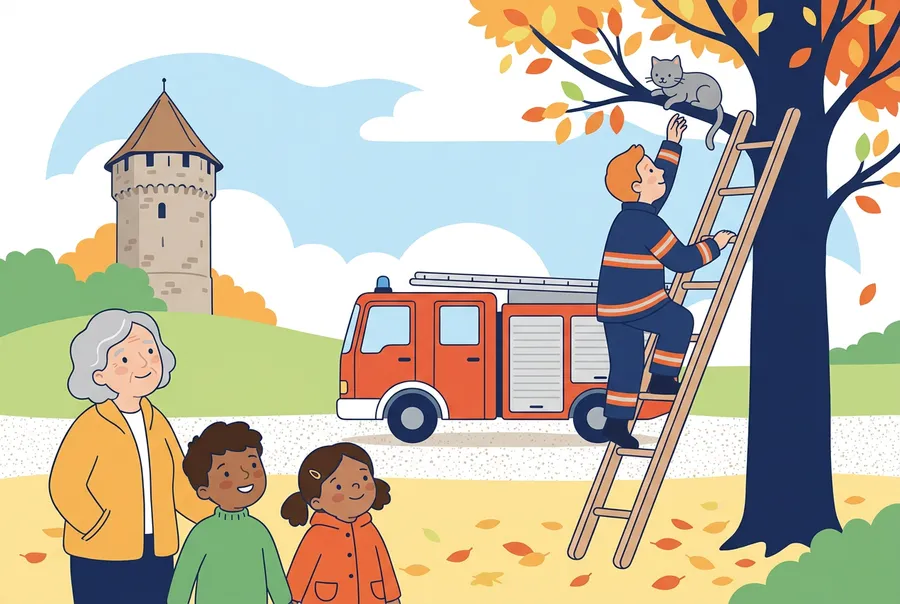 Ein Feuerwehrmann steigt in einem Stadtpark eine Leiter hinauf und holt eine graue Katze von einem Ast. Eine ältere Frau und zwei Kinder schauen erleichtert zu.