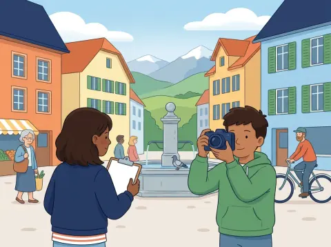 Bericht schreiben: Ein Mädchen und ein Knabe stehen als junge Reporter auf einem Platz in einer Schweizer Altstadt. Das Mädchen macht Notizen, der Knabe hält eine Kamera.