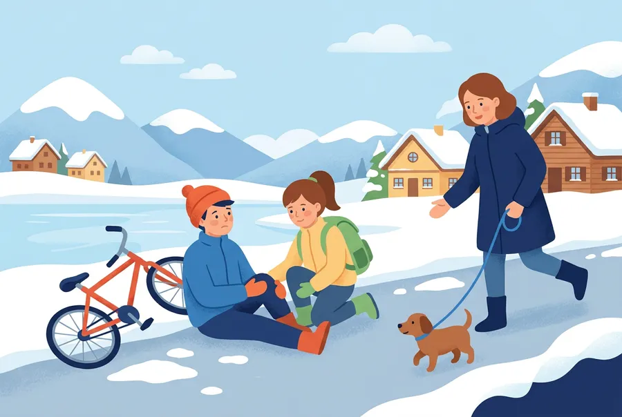 Ein Knabe sitzt an einem frostigen Morgen am Rand eines Radwegs und hält sein Knie. Sein Velo liegt neben ihm, ein Mädchen und eine Frau mit Hund kommen ihm zu Hilfe.