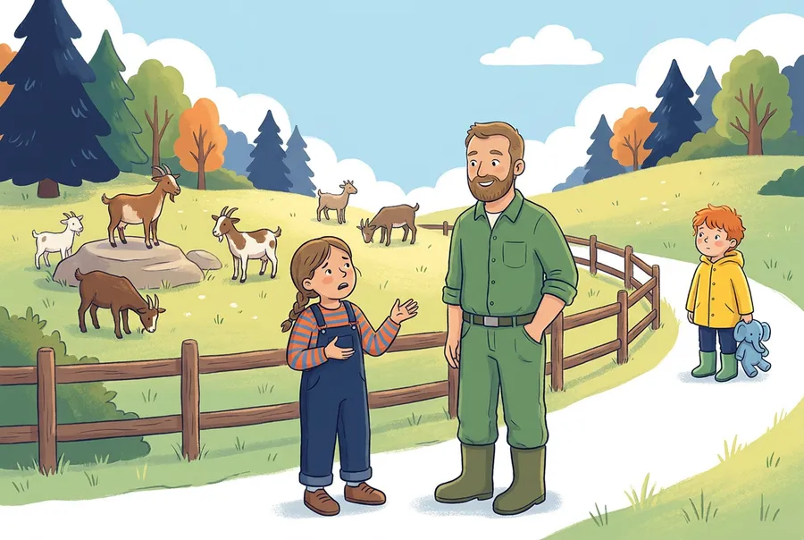 Ein besorgtes Mädchen spricht im Tierpark mit einem Tierpfleger. Rechts auf dem Weg steht ein rothaariger Knabe in gelber Regenjacke und grünen Gummistiefeln, einen Plüsch-Elefanten in der Hand.