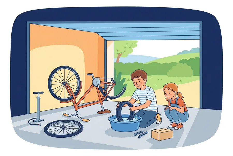 Ein Knabe kniet in einer Garage neben einem umgedrehten Velo, dessen eines Rad ausgebaut am Boden liegt, und hält den Schlauch in ein Becken mit Wasser. Ein jüngeres Mädchen schaut neugierig zu.