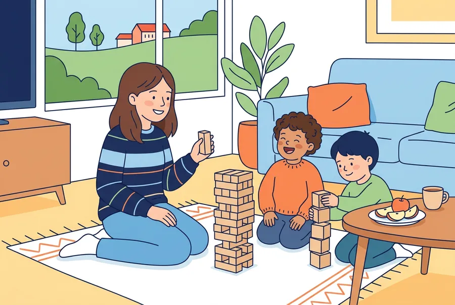 Eine Jugendliche sitzt im Wohnzimmer am Boden und baut mit zwei kleinen Kindern einen Turm aus Holzklötzen.