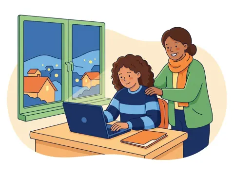 Bewerbungsschreiben und Lebenslauf: Eine Jugendliche sitzt am Abend am Schreibtisch vor dem Laptop und arbeitet an ihrer Bewerbung, ihre Mutter schaut ihr ermutigend über die Schulter.