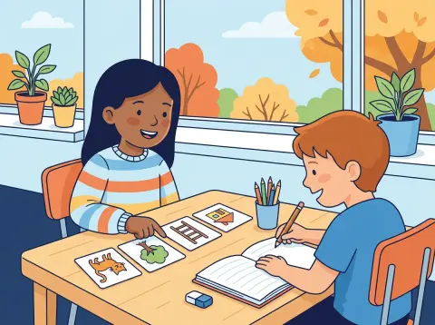 Bildergeschichte schreiben: Ein Mädchen und ein Knabe sitzen im Schulzimmer am Tisch, schauen auf eine Reihe von Bildkarten und schreiben in ein Heft.