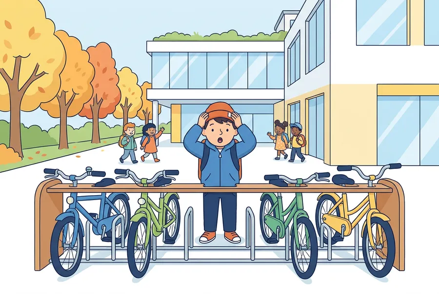 Ein Knabe mit Schulsack steht erschrocken vor einem Veloständer beim Schulhaus, zwischen den anderen Velos ist eine leere Lücke.