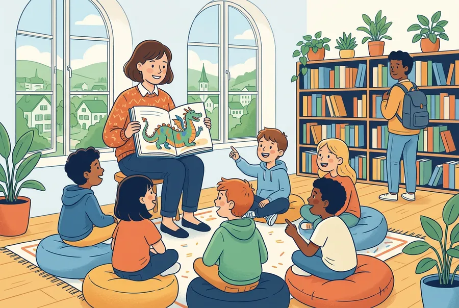 Eine Bibliothekarin zeigt einer Schulklasse in einer hellen Gemeindebibliothek ein Bilderbuch, die Kinder sitzen auf Kissen am Boden.