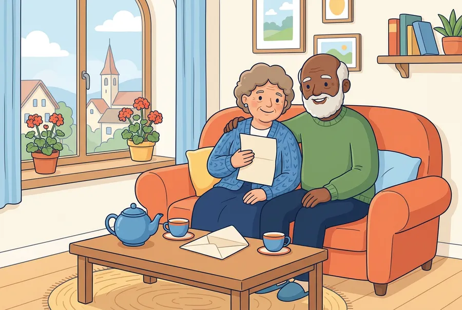 Ein Grossvater und eine Grossmutter sitzen auf dem Sofa und freuen sich über einen Brief, den ihr Enkel geschickt hat.