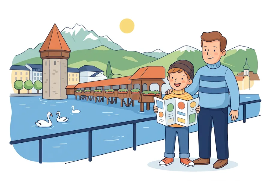 Ein Knabe steht mit seinem Vater und einem Stadtplan am Seeufer in Luzern, hinter ihnen die alte Holzbrücke und der Wasserturm.