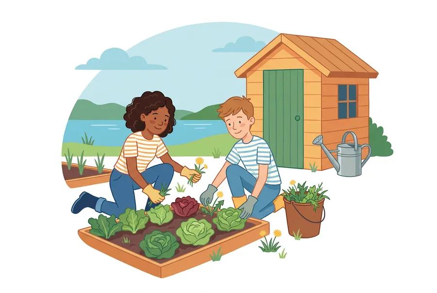 Ein Mädchen und ihr Bruder knien an einem Salatbeet im Familiengarten und zupfen Löwenzahn und anderes Unkraut aus. Daneben steht ein Kübel mit Unkraut.