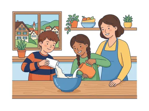 Brüche addieren und subtrahieren: Zwei Kinder backen in einer Küche einen Kuchen und schütten Mehl und Milch in eine grosse Schüssel, die Mutter schaut lächelnd zu.