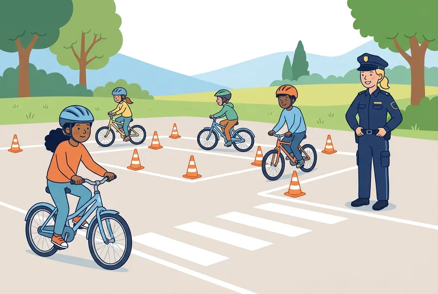 Kinder mit Velohelm fahren auf einem Übungsparcours auf dem Pausenplatz, eine Polizistin schaut freundlich zu.