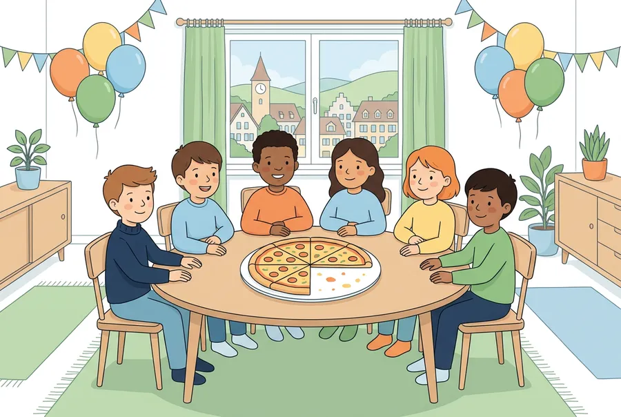 Sechs Kinder sitzen an einem Geburtstagsfest um einen Tisch und teilen sich den Rest einer Pizza.