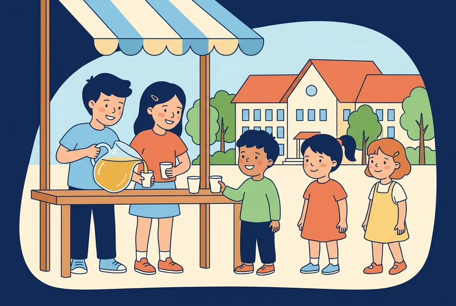 Zwei Schulkinder füllen an einem Stand auf dem Pausenplatz Apfelsaft aus einem Krug in kleine Becher.