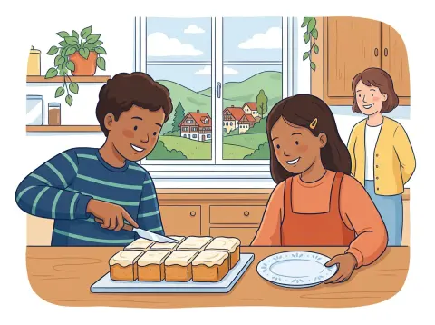 Brüche kürzen und erweitern: Zwei Kinder schneiden am Küchentisch einen Blechkuchen in gleich grosse Stücke.
