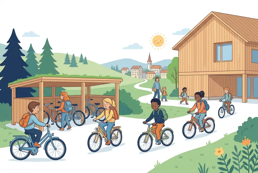 Kinder stellen am Morgen ihre Velos im Veloständer vor einem Schweizer Schulhaus ab.