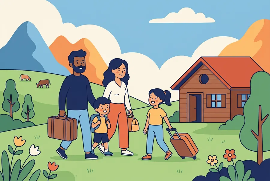 Eine Familie mit zwei Kindern steht mit Koffern vor einem Holzchalet in den Schweizer Bergen.