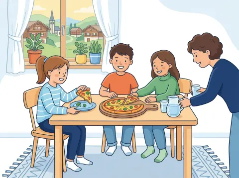 Brüche multiplizieren: Drei Kinder teilen sich am Küchentisch eine Pizza, die in Stücke geschnitten ist. Eine erwachsene Person bringt Wasser.