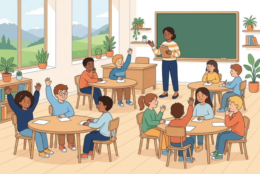 Eine Schulklasse stimmt ab: Viele Kinder strecken die Hand auf, die Lehrerin zählt.