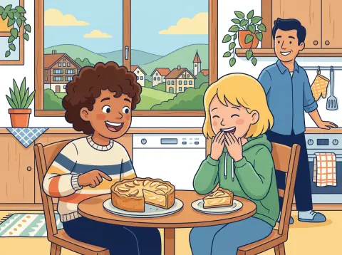 Brüche vergleichen und ordnen: Zwei Kinder am Küchentisch: Vor dem einen steht ein angeschnittener Apfelkuchen, vor dem anderen ein einzelnes Stück.