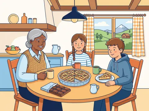 Brüche verstehen und darstellen: Zwei Kinder und ihre Grossmutter am Küchentisch: Ein runder Kuchen ist in acht gleich grosse Stücke geschnitten. Daneben liegt eine Schokoladetafel mit gleich grossen Feldern.