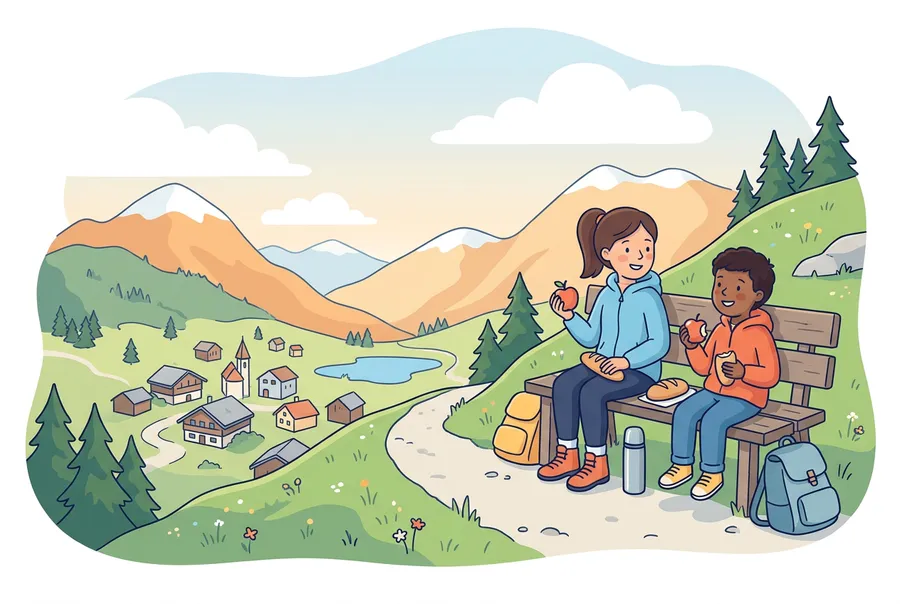 Zwei Kinder machen auf einer Holzbank an einem Bergweg Znünipause, unten im Tal liegt ein Dorf.