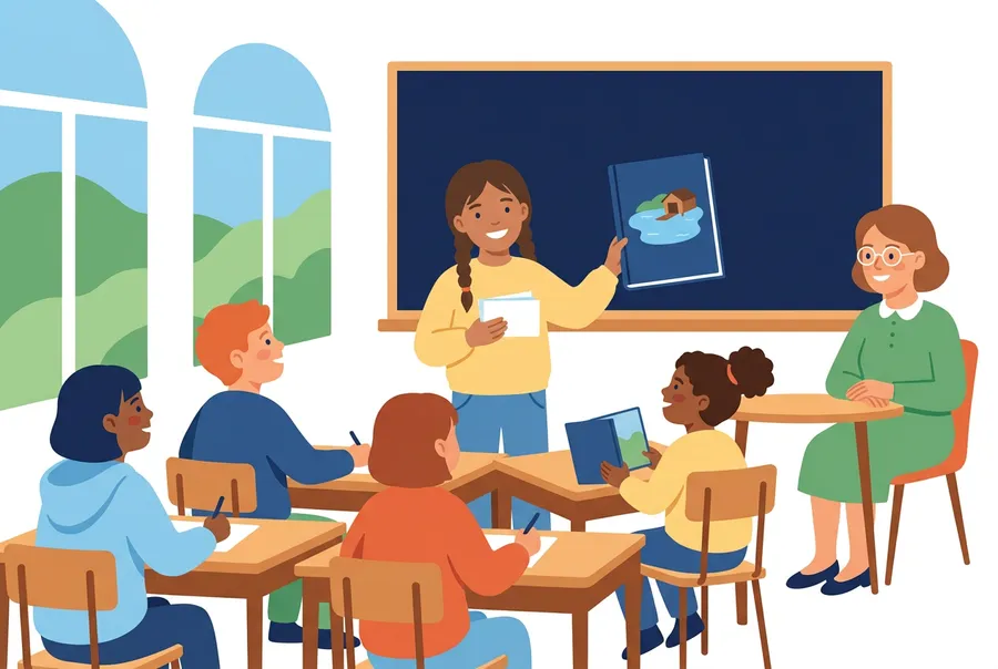 Ein Mädchen steht vor der Klasse, hält kleine Karten in der Hand und zeigt ein Buch, die Mitschülerinnen und Mitschüler hören zu.